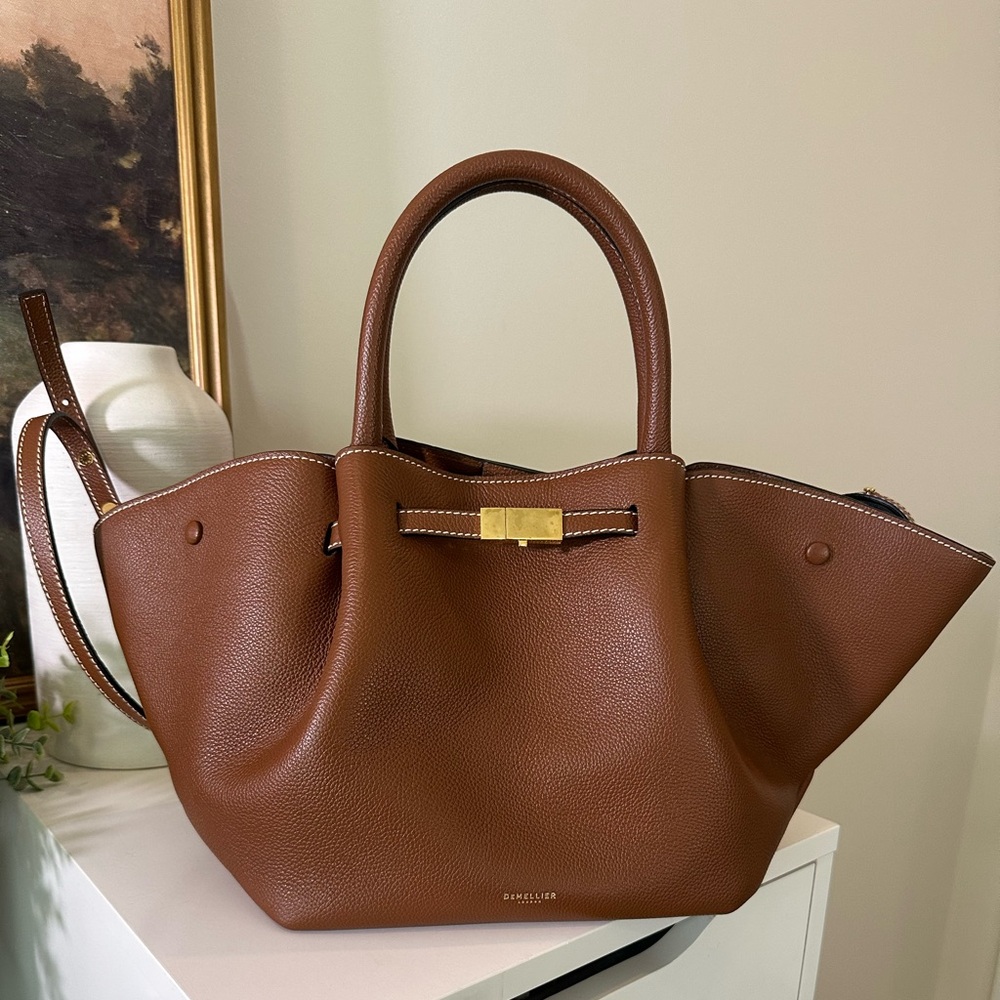 Demellier The Midi New York Brown Leather Tote Bag with Gold Accent